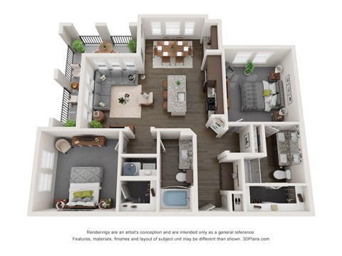 Floor plan for 2 beds, 2 baths, 1144 sqft